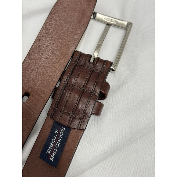 ROUNDTREE &YORKE Belt Men 32 Italian Cowhide Leather Brown Brass Buckle - Picture 7 of 9